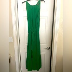Green maxi halter dress.